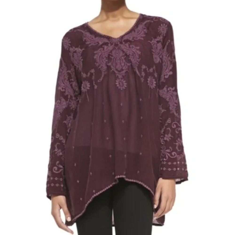 Johnny Was Georgette Embroidered Tunic Top Size Med